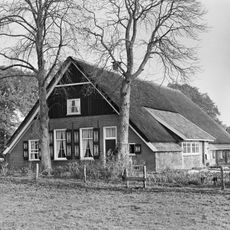 Boerderij opgetrokken in rode machinale baksteen onder een rietgedekt zadeldak met nokvorsten