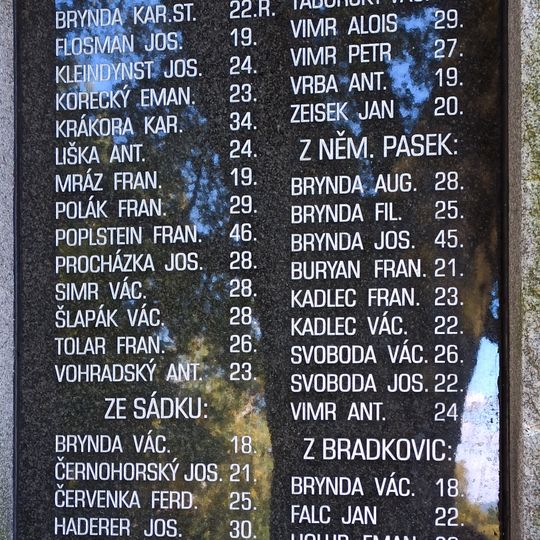 Pomník padlým z Dominikálních Pasek, Sádku, Německých Pasek a Bratkovic u kostela Nejsvětější Trojice v Hluboši