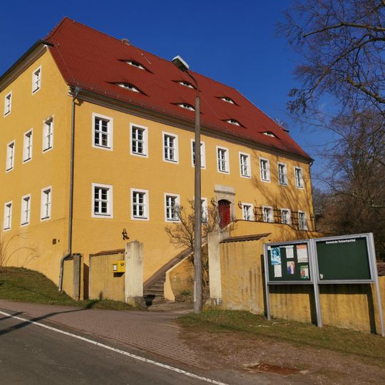 Pfarrhaus und Einfriedungsmauer des Pfarrhofes Kirchbergstraße 8