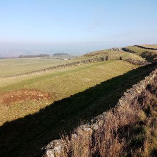 Hadrian's Wall and vallum between the road to Simonburn and the field boundary east of Carrawburgh car park in wall miles 29, 30 and 31