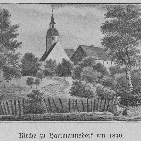 Sachgesamtheit Kirche St. Johannis Enthauptung und Kirchhof Hartmannsdorf, mit folgenden Einzeldenkmalen: Kirche, Grabmal an der Außenwand und Kirchhofsmauer sowie Kirchhof Schulweg