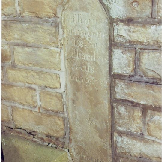 Milestone, stone plaque attached to stone post, Market Street, Whitworth