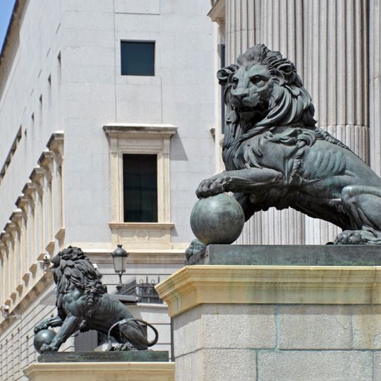 Statues of lions at the Congress of Deputies of Spain