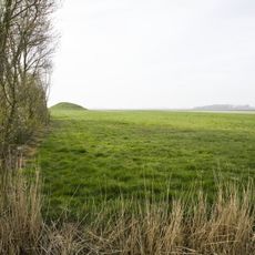 Door een gracht/kreek omgeven terrein waarin zich een vlucht/kasteelberg bevindt met aangrenzend een verhoogd gelegen voorburcht of bruggehoofd