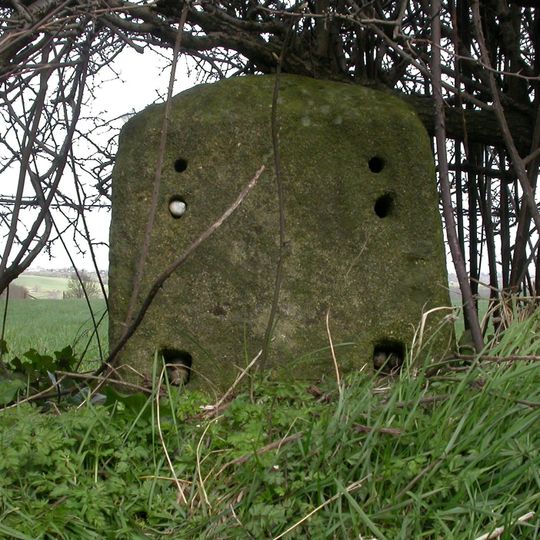 Milestone, by southbound lay-by 200m W village in hedgerow