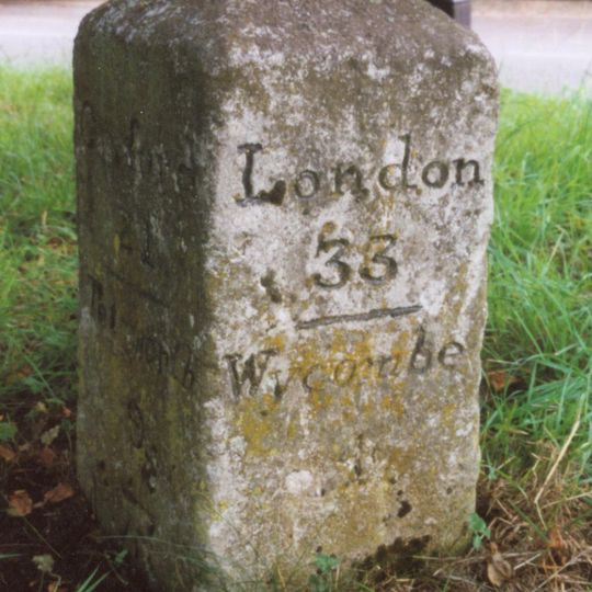 Milestone, Wycombe Road; in front of Dashwood Arms PH at Chipps Hill jct, where older road forms lay-by