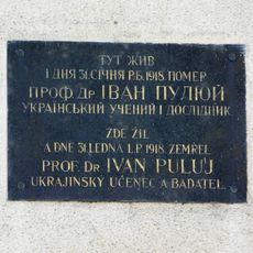 Commemorative plaque of Professor Ivan Puluj in Preslov Street in Prague
