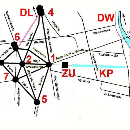 Osi Stanisławowskiej, ul. Nowowiejska, ul. Marszałkowska - od pl. Unii Lubelskiej do ul. Koszykowej, ul. Koszykowa, ul. Śniadeckich, ul. Bagatela, Aleje Ujazdowskie, Aleja J. C. Szucha,