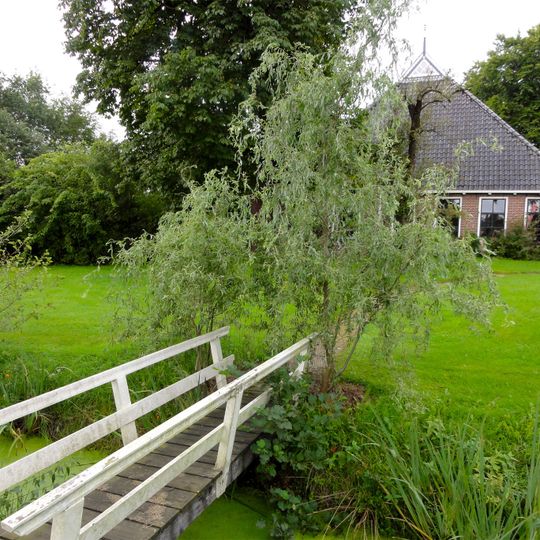 Kop-rompboerderij met ondiep voorhuis onder zadeldak tegen topgevel met boeiborden en topschoorsteen met versierd bord