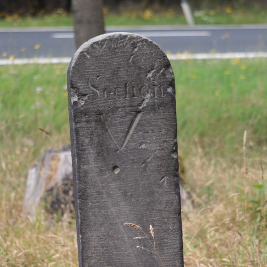 Hraniční kámen lesního revíru u silnice 9 jižně od osady Lesné