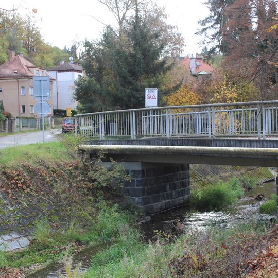 Bridge of Nad Školou street over the Svinařský potok in Zadní Třebaň
