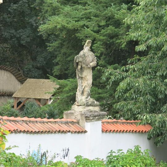 Socha světce na ohradě areálu kostela v Petrovicích