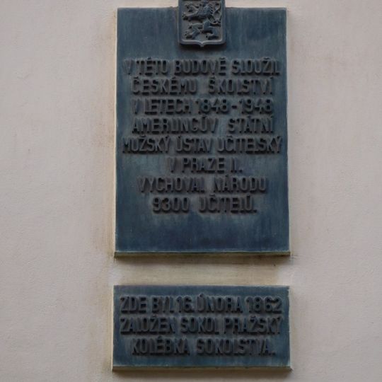 Plaques to Amerling's Teacher Education Institute and Prague Sokol