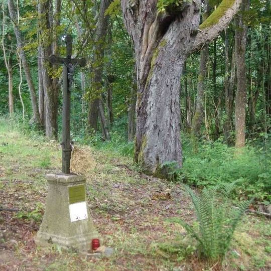 Boží muka před areálem bývalého kostela v Pleši