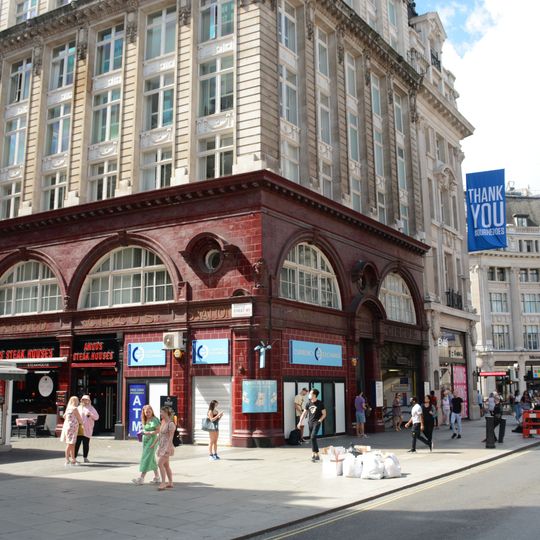 Oxford Circus Underground Station entrance on north-west corner of Argyll Street and Oxford Street