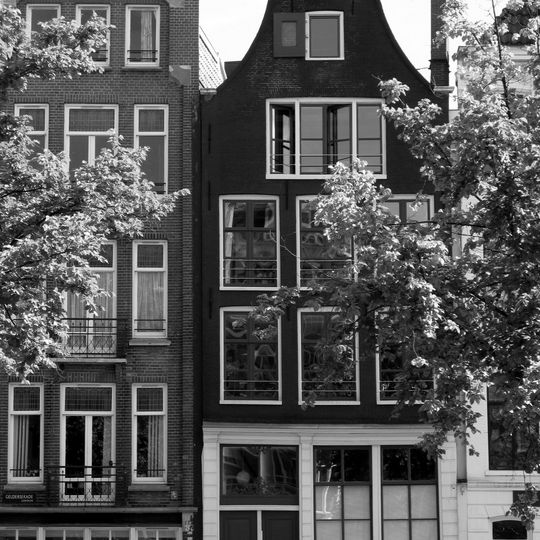 Pand met gevel onder rollagentop met geblokte pui