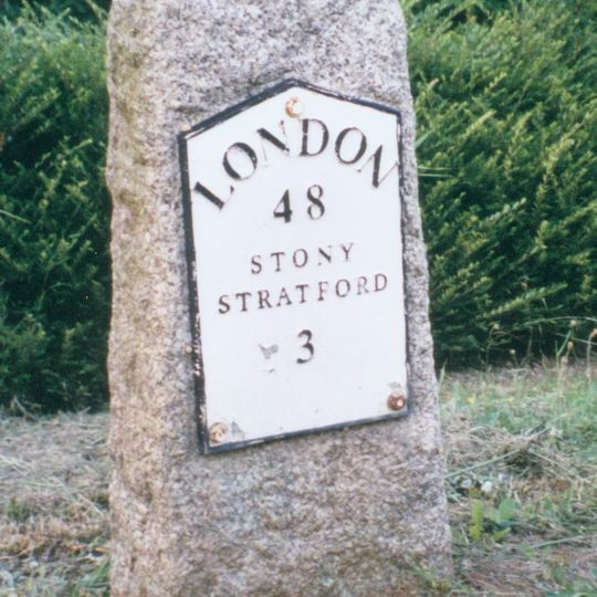 Milestone, Watling Street; at jct with Old Bell Lane, N of Shenley Church End