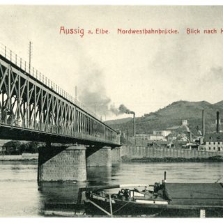 Eisenbahn- und Strassenbrücke über die Elbe bei Aussig