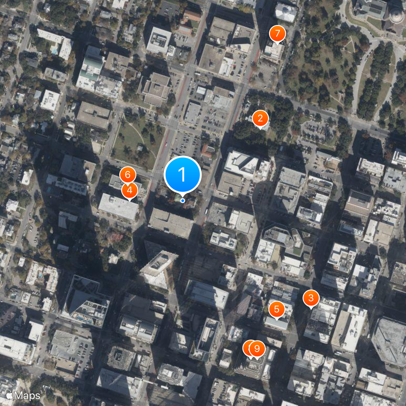 Moonlight towers in Austin, Texas Karte