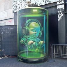 Mural que representa a un bebé con cascos de sonido flotando en un líquido iluminado por una luz de color verde. El mural aprovecha el soporte, un antiguo depósito, para simular que el bebé flota en su interior.
