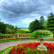 Wall and balustrade of Lower Terrace. Garden before south front of Tatton Hall