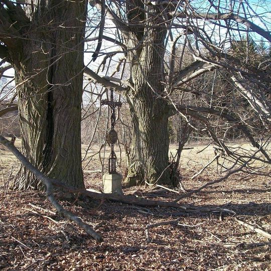 Kříž mezi stromy v poli u Markvarce