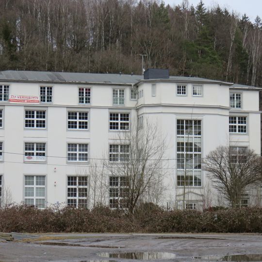 Fabrikgebäude sowie Pförtnerhaus mit Pforte und Torpfosten der Einfahrt Niederwaldstraße 3