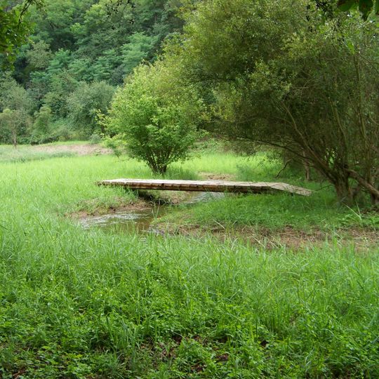 Lávka přes pravé rameno Šáreckého potoka v meandrech proti domu V Šáreckém údolí čo. 104a