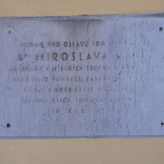 Plaque to Miroslav Tyrš at Sokol house in Kunratice