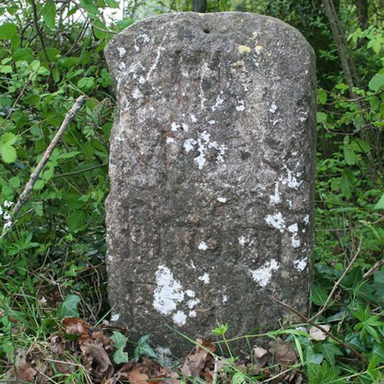 Milestone, opp. Huxham Wood Farm entrance , 300m NW of Pynes Lodge, opp. top N end of Huxham Bridge