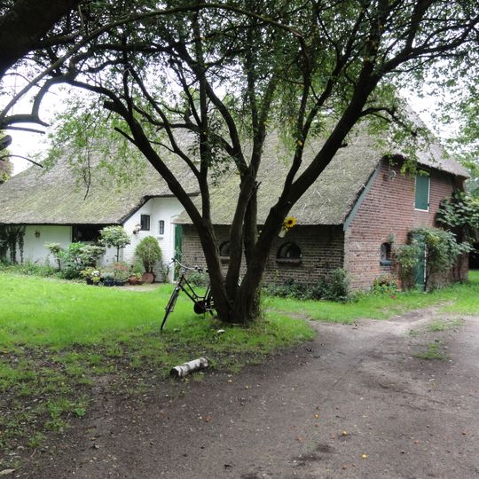 Boerderij met gepleisterd woonhuis onder rieten schilddak