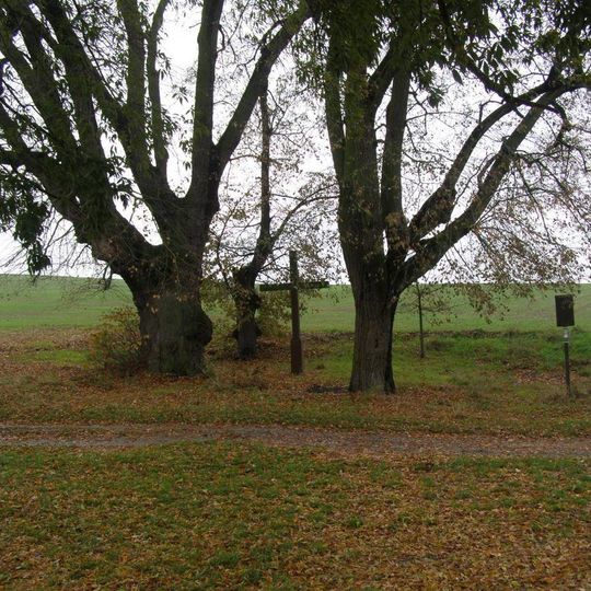 Pamětní kříž mezi dvěma lípami u silnice jižně od Benátecké Vrutice