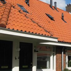 Blok met 9 woningen, gecombineerde toegangen van twee woningen onder een ingestoken schilddak, zijkant met houten topgevel, onderdeel van complex bejaardenwoningen in Tuindorp Nieuwendam