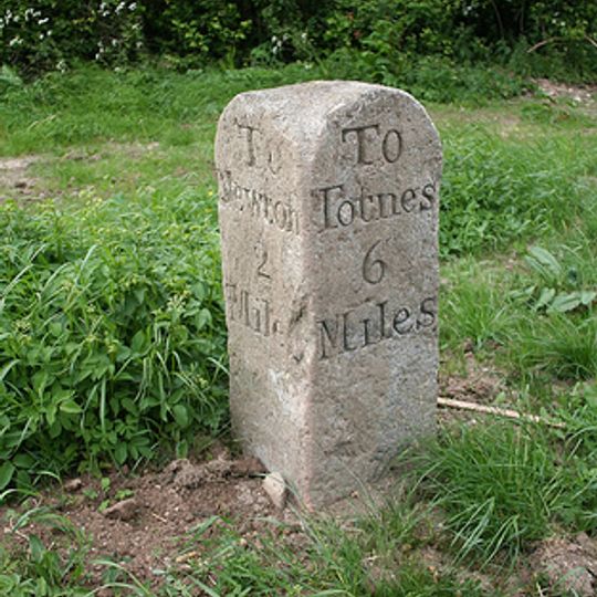 Milestone, Two Mile Oak Cross at jct with UC road to Denbury, nr Two Mile Oak Inn PH
