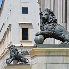 Statues of lions at the Congress of Deputies of Spain
